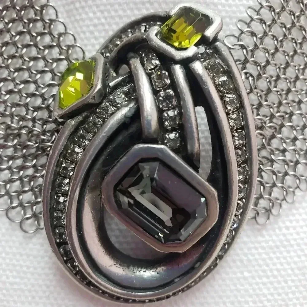 Silver Mesh Gray/Green Crystal Statement Necklace